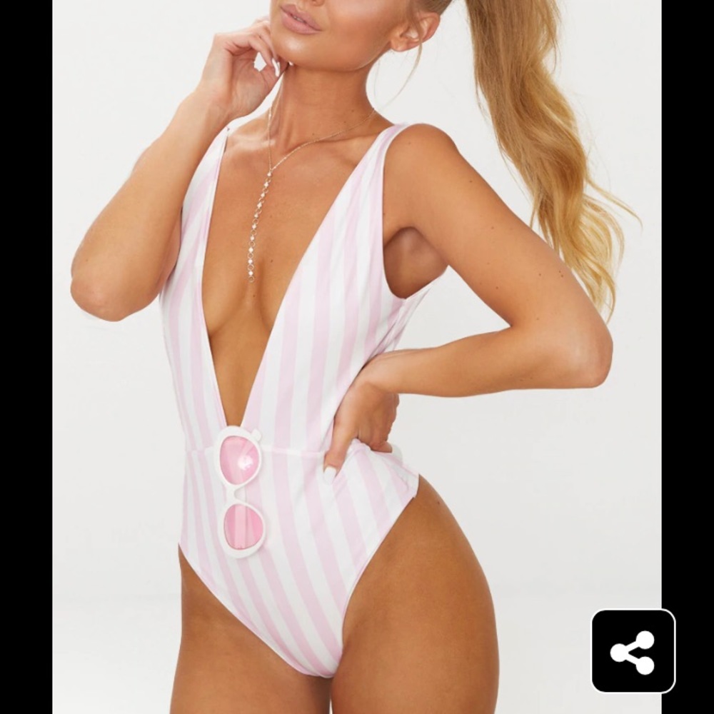 New Baby Pink Stripe Plunge Swimsuit